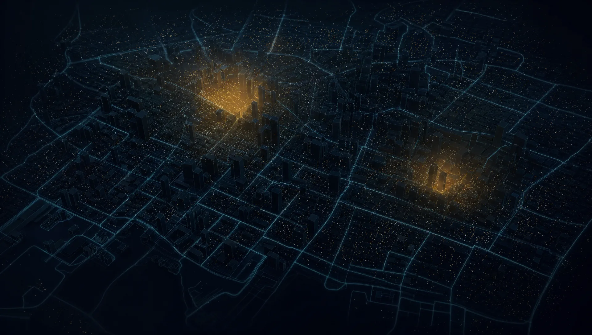 Aerial night view of a city rendered as glowing street vectors and data clusters