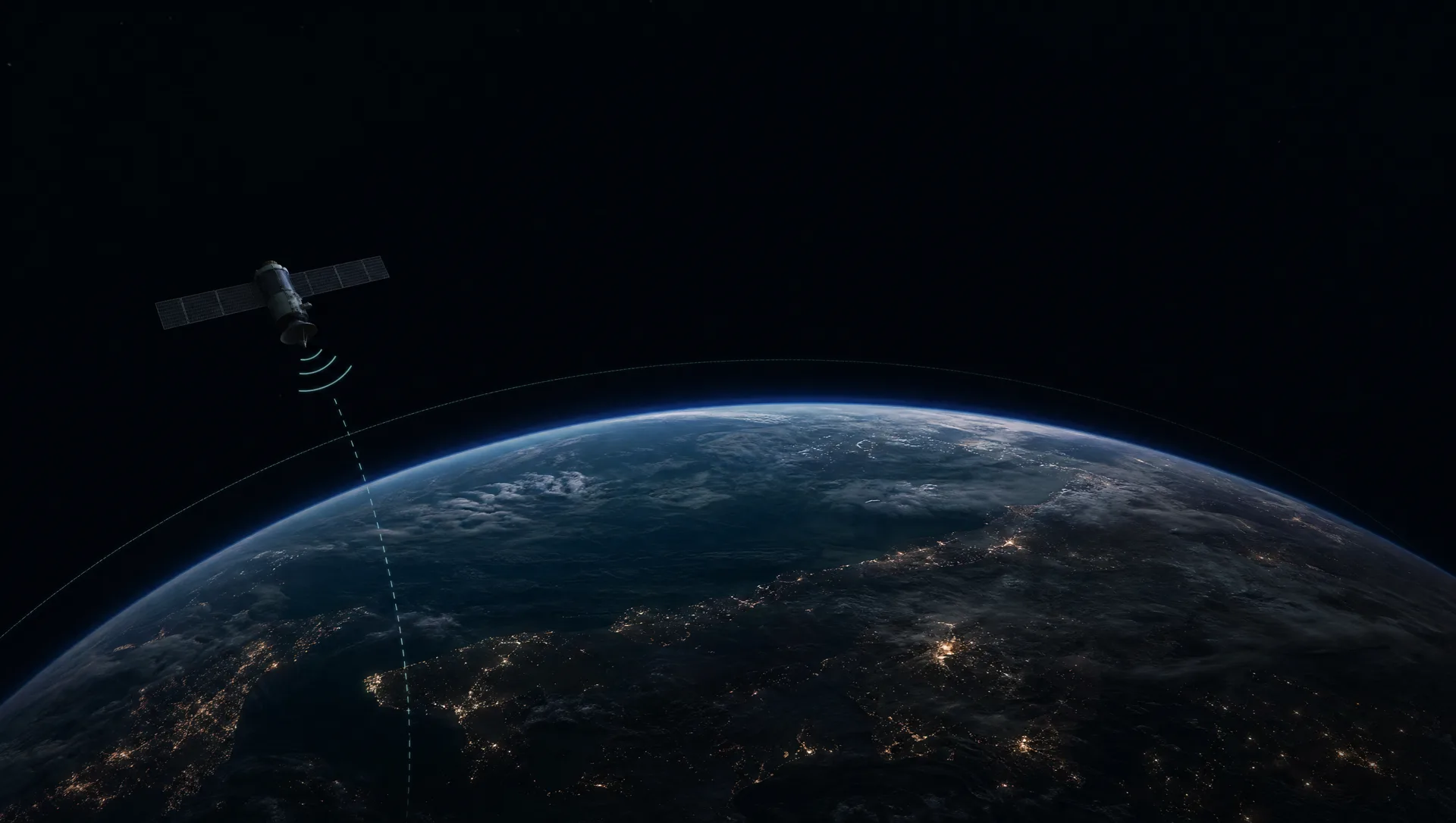 Earth seen from orbit at night, a satellite crossing above the planet