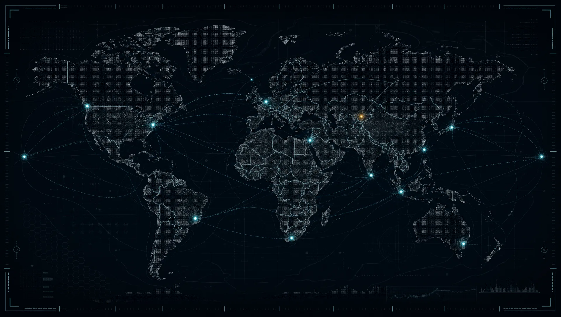 Dark technical world intelligence map with monitored routes and active nodes