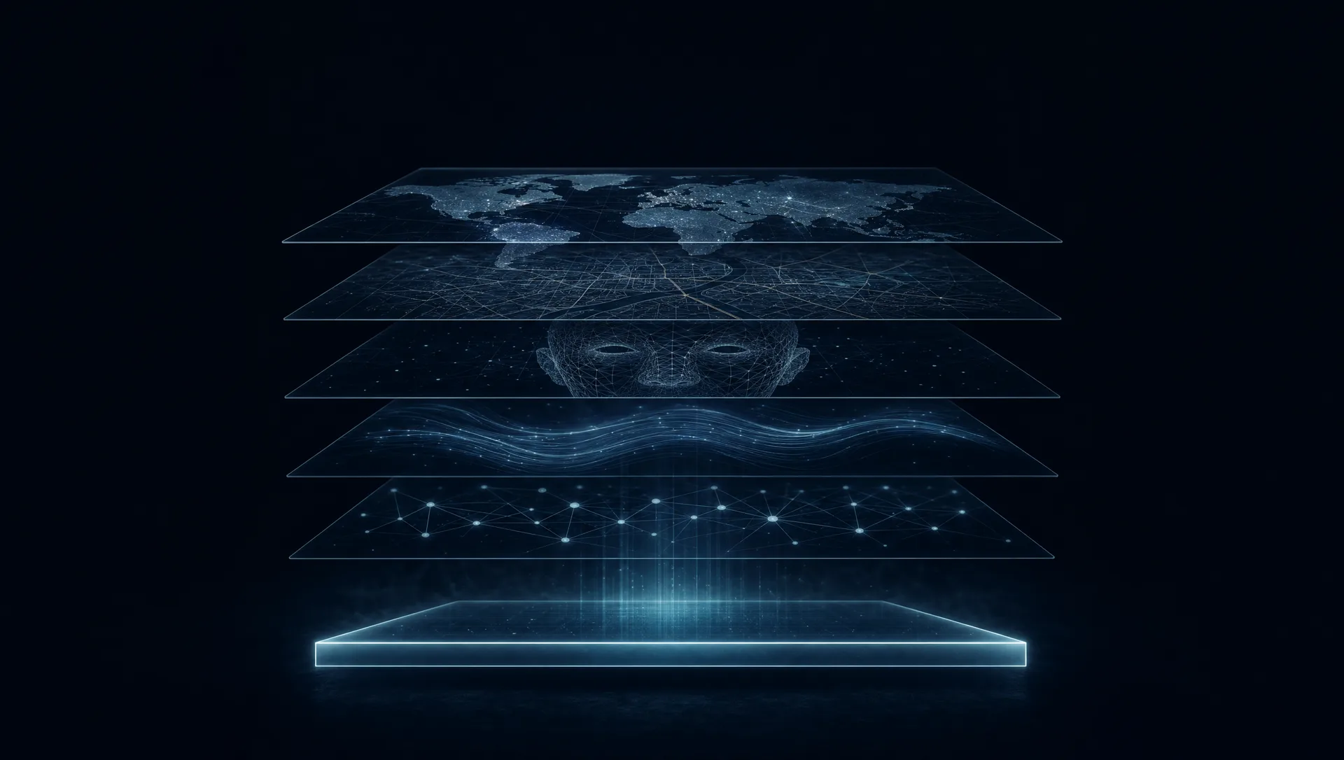 Five translucent intelligence layers, earth map to network graph, converging into one platform